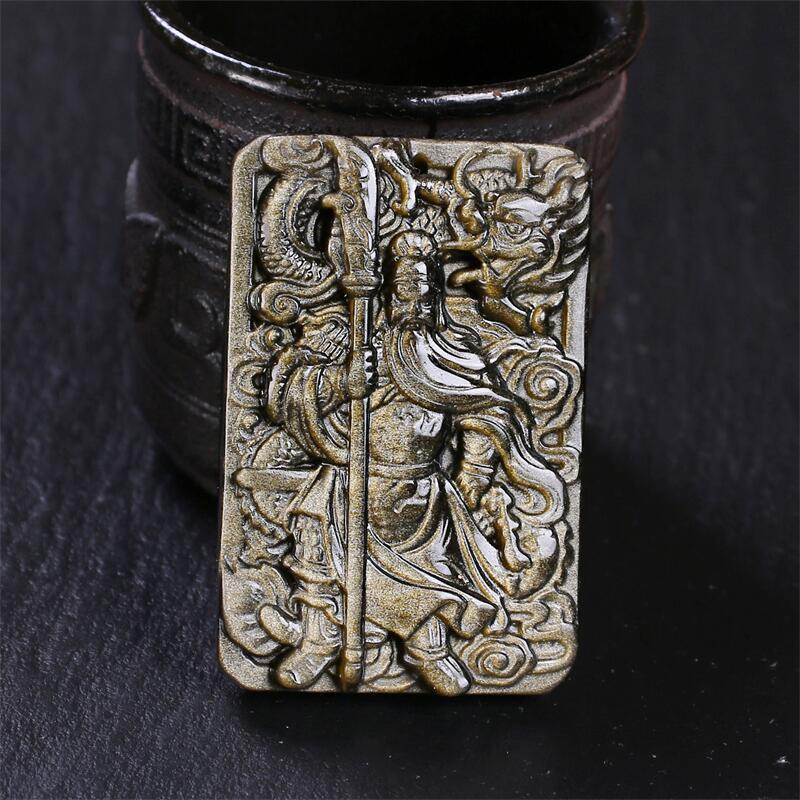 Natural Obsidian Guan Yu Pendant Necklace Men Hand-Carved Black Stone Amulet With Dragon Motif Chinese Cultural Style