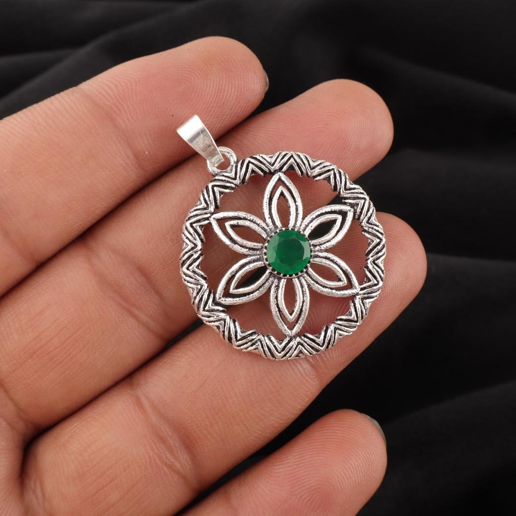 Green Onyx Gemstone 925 Sterling Silver Handcrafted May Birthstone Pendant 1.48" CP-29-19