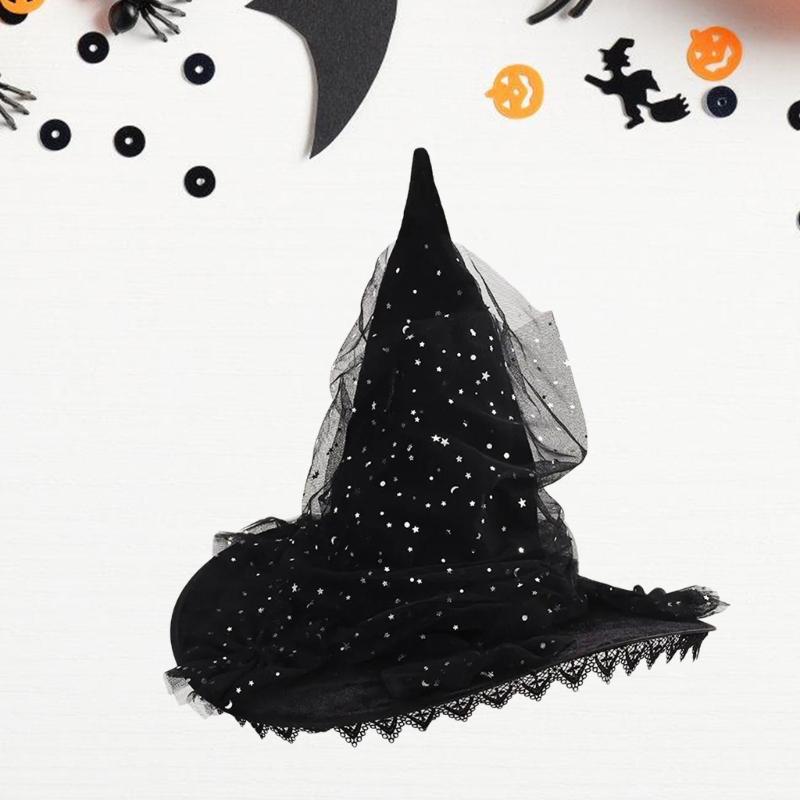 Halloween Party Witch Hats Lace Sequins Ruffled Sheer Pointed Hat Cosplay Accessory Unique Witch Hat