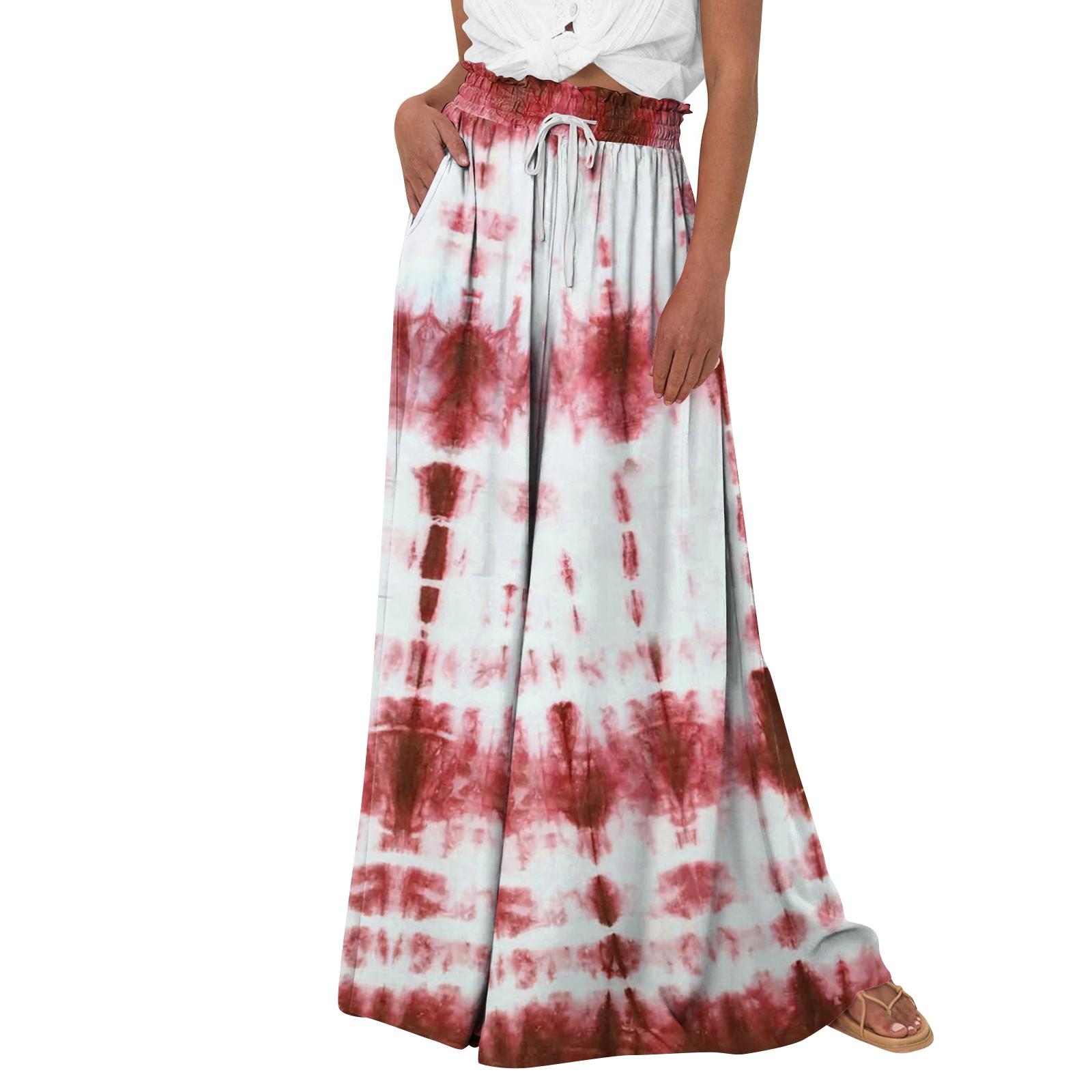 

Women s Printed Wide Leg Pants With Pockets High Waist Drawstring Loose Casual Pants XXL винний