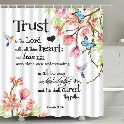 Inspirational Quote Shower Curtain with Hooks - Waterproof Polyester, Floral & Butterfly Design, Pink Flowers & Green Leaves