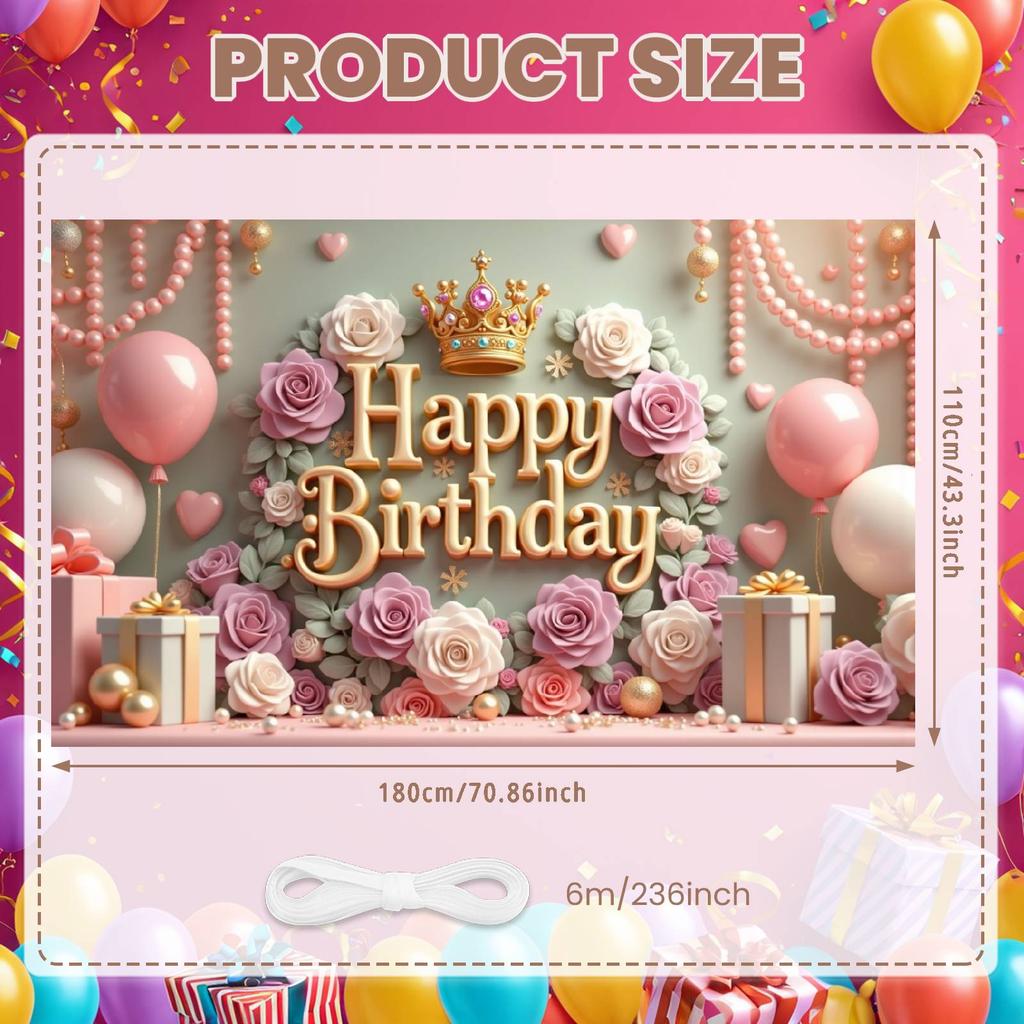 Rose Birthday Banner Gold Crown Celebration Backdrop Princess Birthday Background Golden Lettering Birthday Celebration Display
