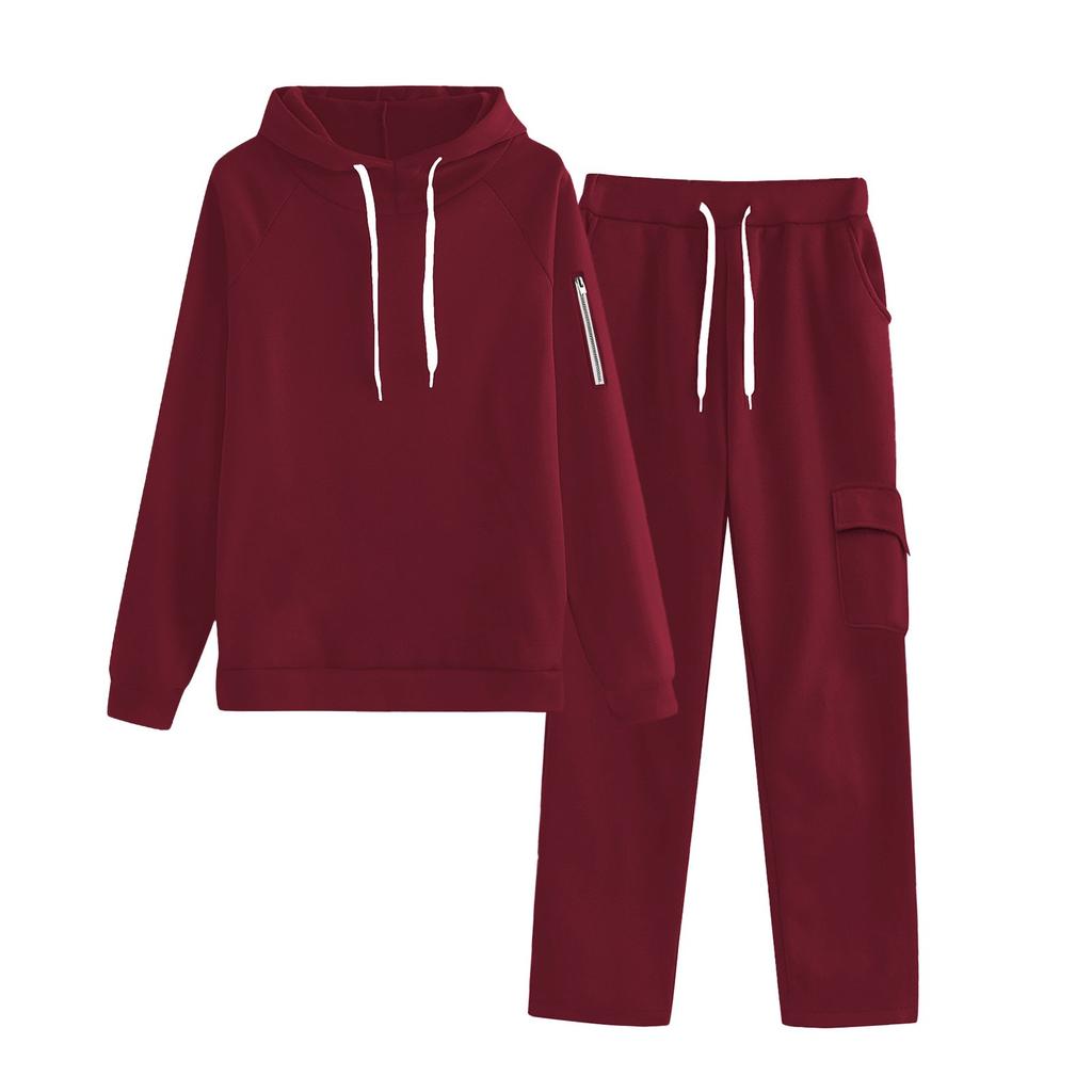 Women's Fashionable Loose Zipper Pocket With Shoulder Sleeves Hoodie And Pants Two-Piece Set