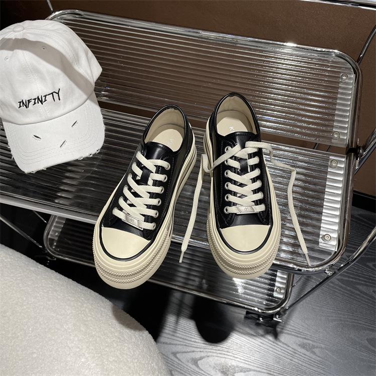 Women's 2023 Spring Genuine Leather White Platform Sneakers - All-Match Round Toe, Thick-Soled Sports Casual Shoes