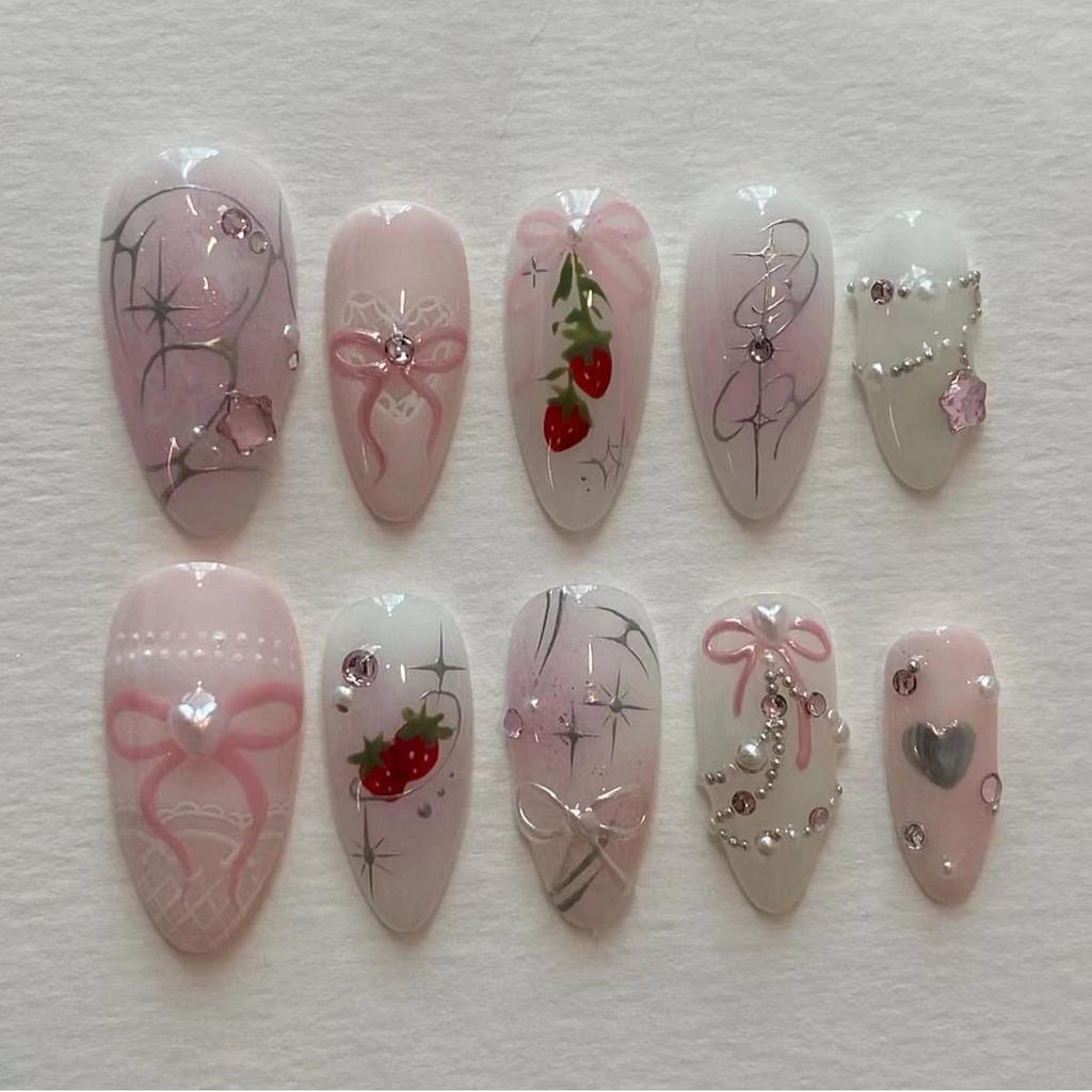 24PCS Sweet Roses False Nails with Glue Pink Gradient Bow Pearl French Fake Nails for Girls Artificial Wearable Almond Press On