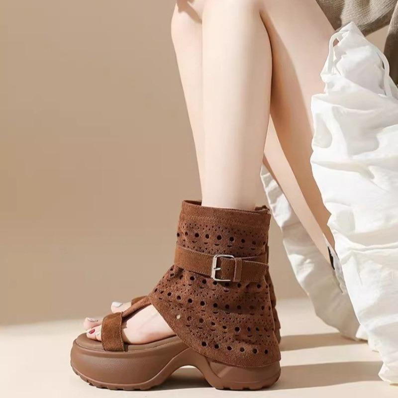 Women's Summer Thick-Soled Open-Toe Hollow Breathable Anti-Slip Roman Sandals, Retro Style For Petite Frames.