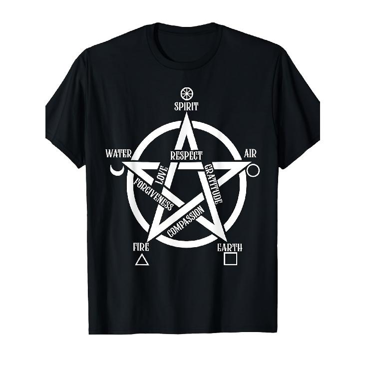 Soul Water, Fire, Earth And Wind Elements Five-Pointed Star Witch T-Shirt-Retro Street Style Unisex Cotton Short-Sleeved Mysterious Symbol Pattern