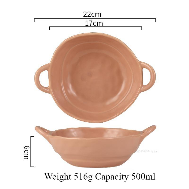 Ceramic Salad Bowl with Handle Binaural Bowl Irregular Ceramic Kitchen Soup Noodles Dessert Salad Bowl Heat-resistant Design 1PC