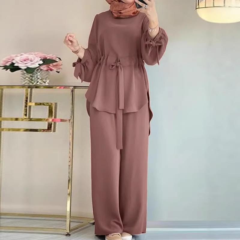 Dámský dvoudílný outfit Dlouhý rukáv Kulatý výstřih Stahovací šňůrka Blůza Vysoký pas Široké kalhoty Elegantní Jednobarevný Ležérní oblek Pro muslimské ženy ze Středního východu