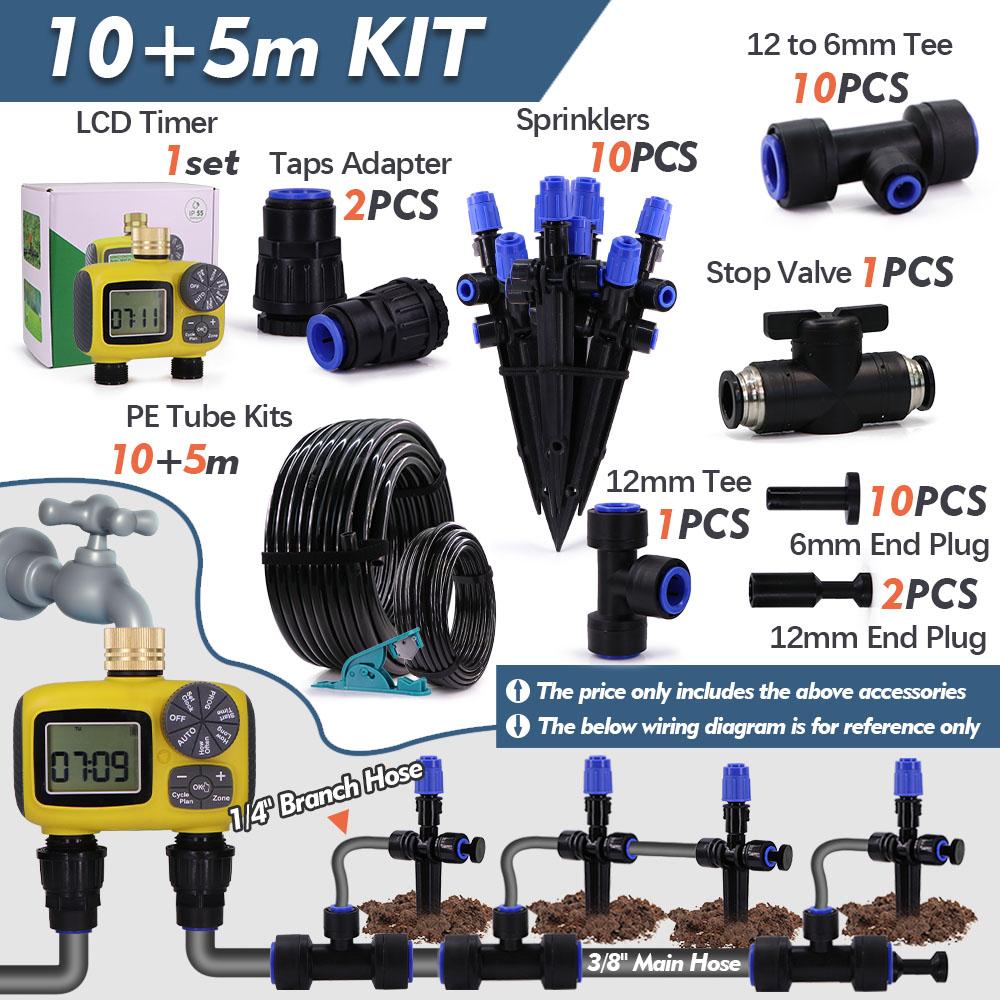 

3/8 Система капельного полива с ЖК-таймером Регулируемые на 360° дождеватели Комплект 12 мм ПЭ шланга Быстросъемный соединитель Полив садовых растений