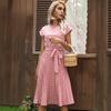Women's Polka Dot Print Midi Dress Crewneck Short Sleeve A-Line Dress with Belt Summer Beach Vacation Swing Sundress