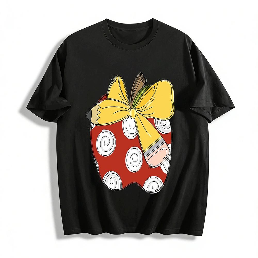 Cute Apple Pencil Bow Print Casual Top Pure cotton T-shirt XXS