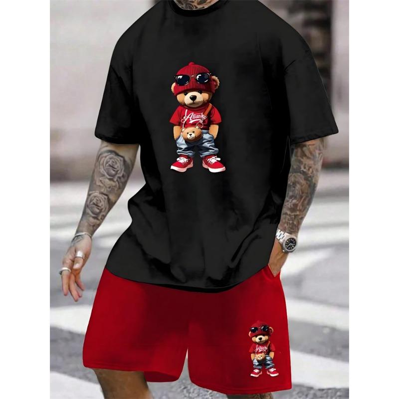 2025 New 3D Cartoon Bear Print Men's Set Summer Casual Everyday Men's Short-sleeved T-shirt Outdoor Street Fashion Beach Shorts