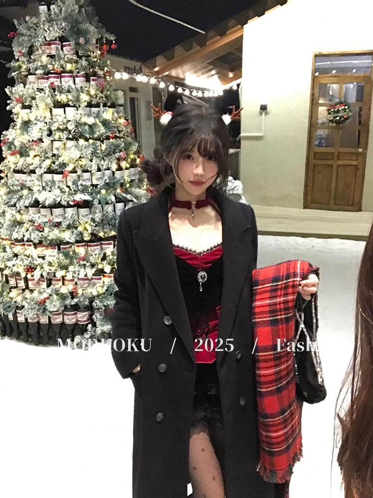 Subculture Korean Mini High Long Christmas Size M [MODKOKU] Women's Dress, Y2K, Style, Elegant, Feminine, Lace, Dress, Waist, Ribbon, Lined, Lace-Up,