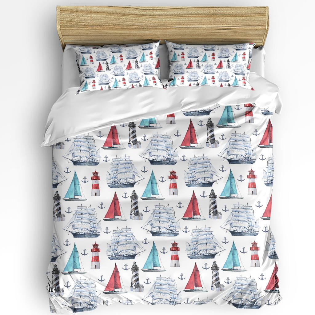 Nautical Anchor Ship Lighthouse Whale Art 3dílná sada povlečení pro manželskou postel Domácí textil Povlak na přikrývku Povlak na polštář Povlak na polštář