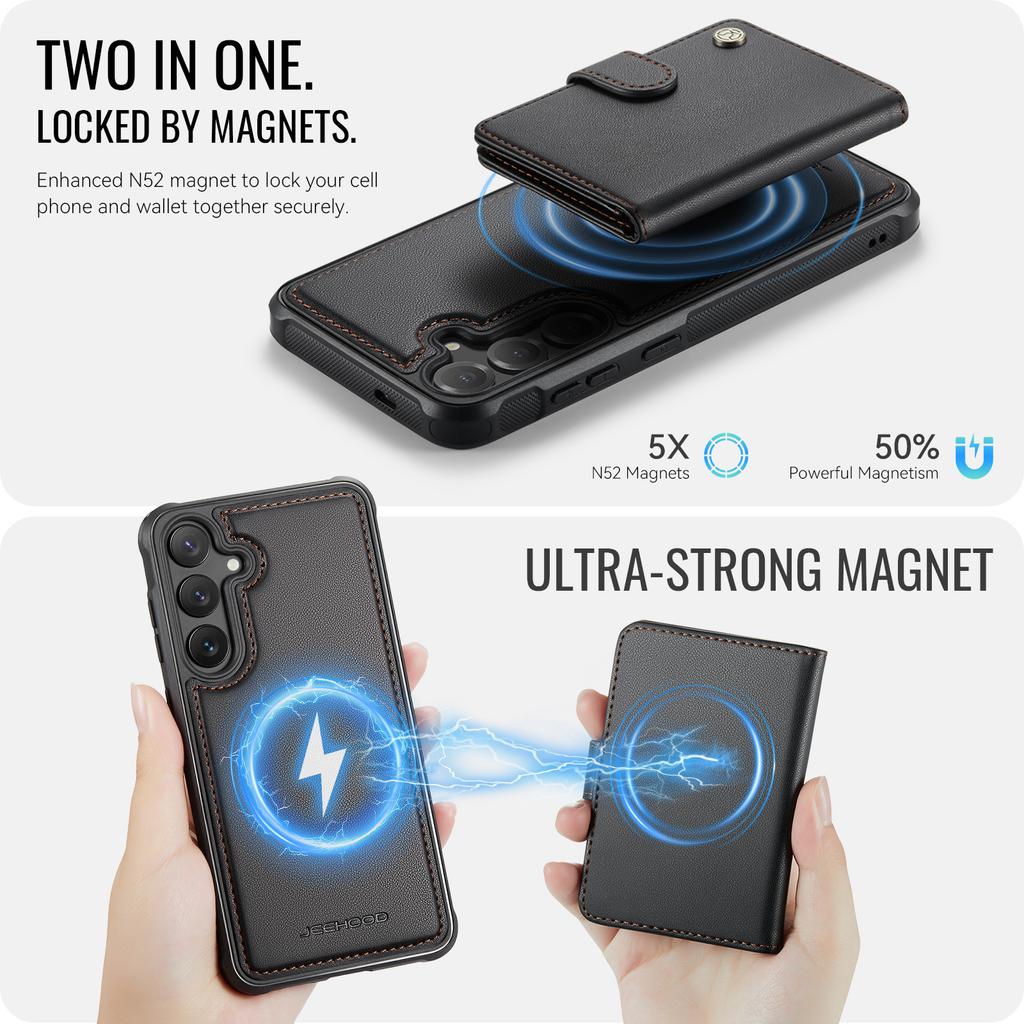 For Samsung Galaxy S25 Case JEEHOOD J09 RFID Blocking Card Holder Leather Back Phone Cover Magnetic Case