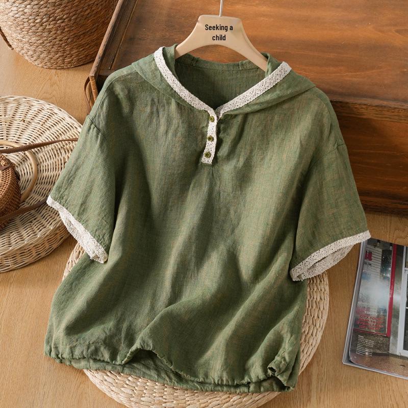 

Cotton-Linen Hooded Short-Sleeve Tee: Plus Size Women s Retro Casual Summer Style Medium зелёный