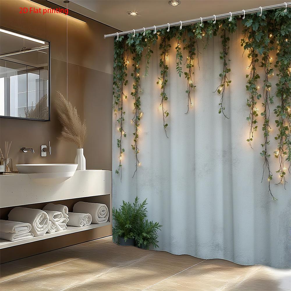 

Green Vine Lights Shower Curtain String Lights Hanging Plants Nature Decor Waterproof Bath Fabric Modern Design W60H190(CM)-1 Pcs