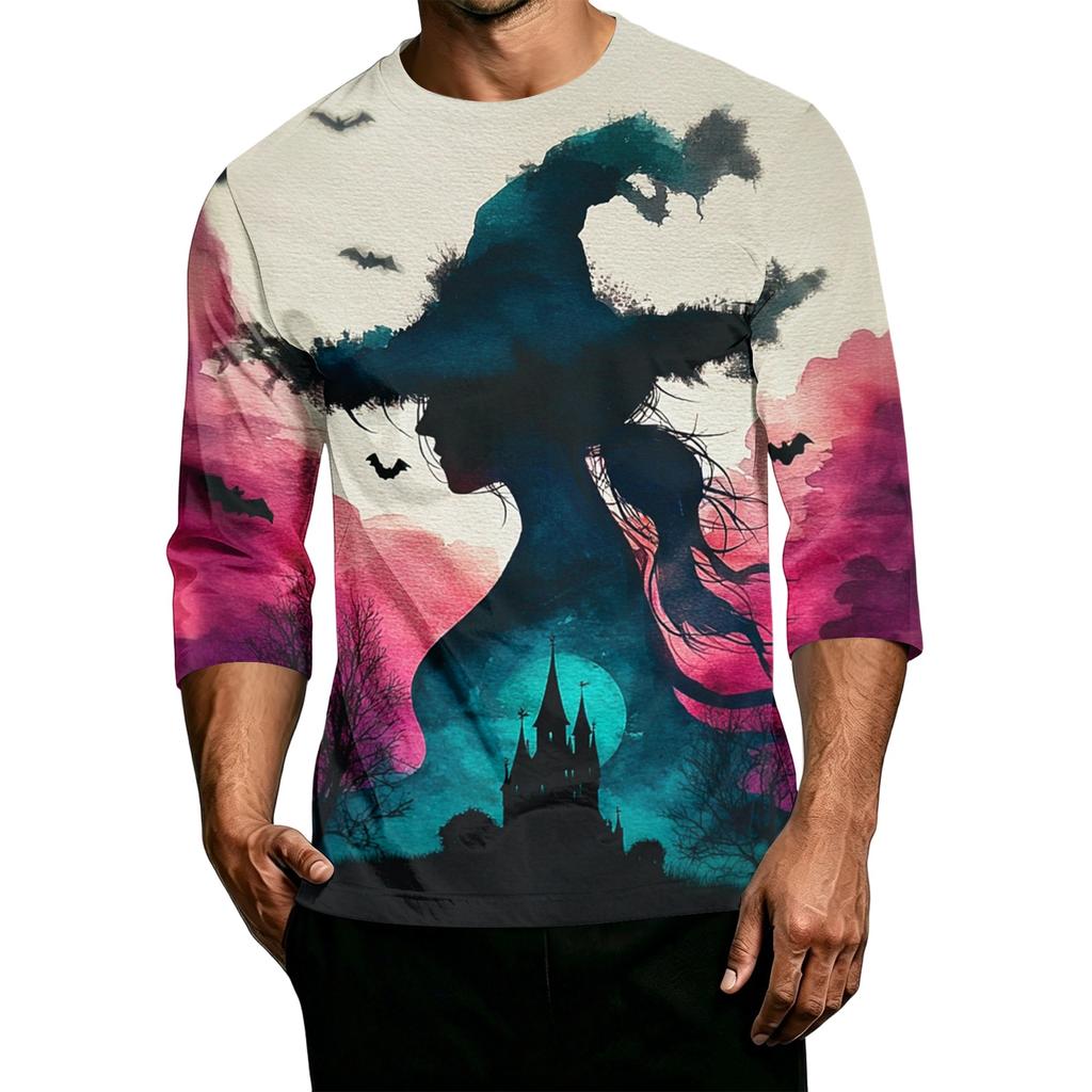 Men's Casual Halloween Print Crew Neck 3/4 Sleeve T-Shirt Lightweight Breathable Fabric Comfortable Fit