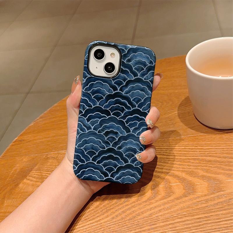Artistic Oceanic Watercolor Layered Scale Pattern Film Aesthetic Protective Shockproof Bumper Phone Case Cover For iPhone 14 15 16 Pro Max Plus