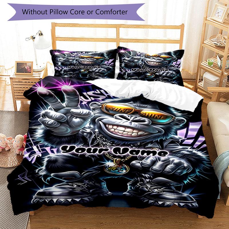 3pcs Custom Name Monkey Power Style Bedding Set Printed Bedding Set Duvet Cover Closure Includes 1 Duvet Cover & 2 Pillowcases Bedroom Decor