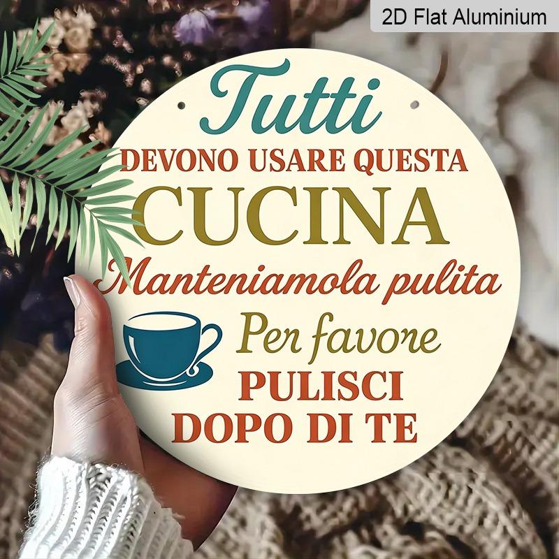 2D Flat Aluminum Decorative Plaques and Ornaments Sign, Hanging Wall Art with Funny Kitchen Rules Quote, Retro Italian Style Home Decor for Kitchen