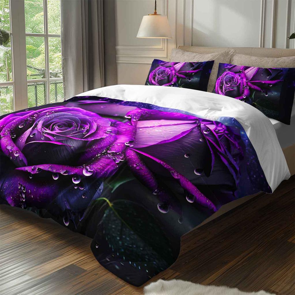3pcs Luxury Purple Rose Bedding Duvet Cover Set Romantic Rose Bedding Quilt Set Floral Themed Bed Quilt Set Sparkling Dewdrop