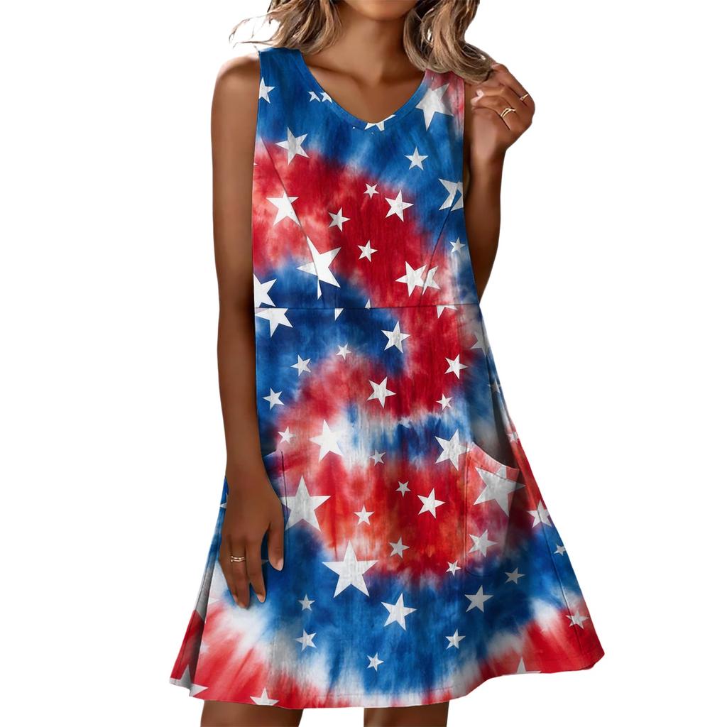 Summer Dresses For Women Loose Beach Vacation Casual Sleeveless V-neck  Sundresses With Pockets Tank Dress