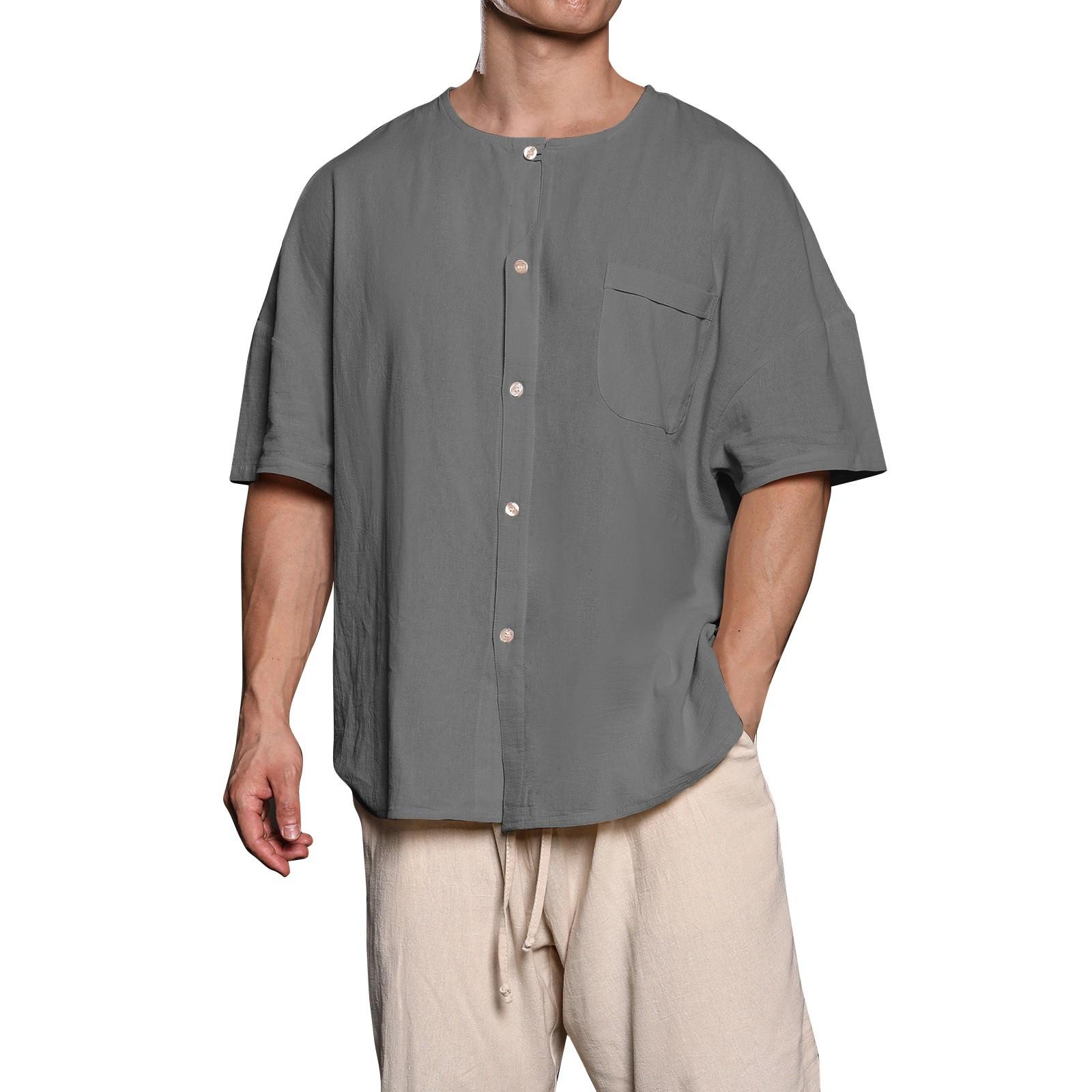 

Мужская однотонная рубашка без воротника с карманами из хлопка и льна с коротким рукавом на пуговицах XL