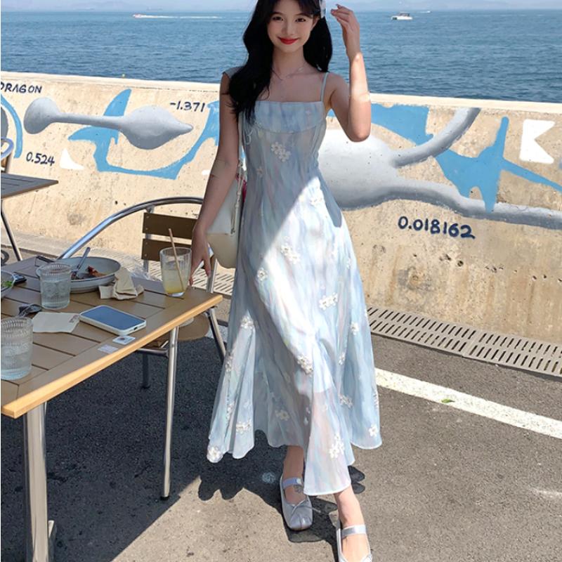 Summer Elegant Blue Chiffon Midi Dress Women Beach Casual Embroidery Floral  One Piece Dress Korean Fashion Evening Party Vintage  buy the best  products in the Ayzeze online store