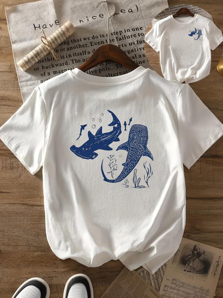 2026 Summer Vintage Simple Marine Animal Orca Whale Sketch Tshirt Unisex Baggy Oversized Jfashion Casual Pure Cotton White Tee