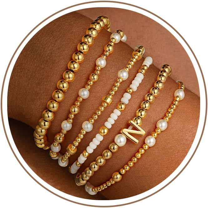 Turandoss 18K Gold Plated Beaded Stretch Initial Bracelet for Women Gifts