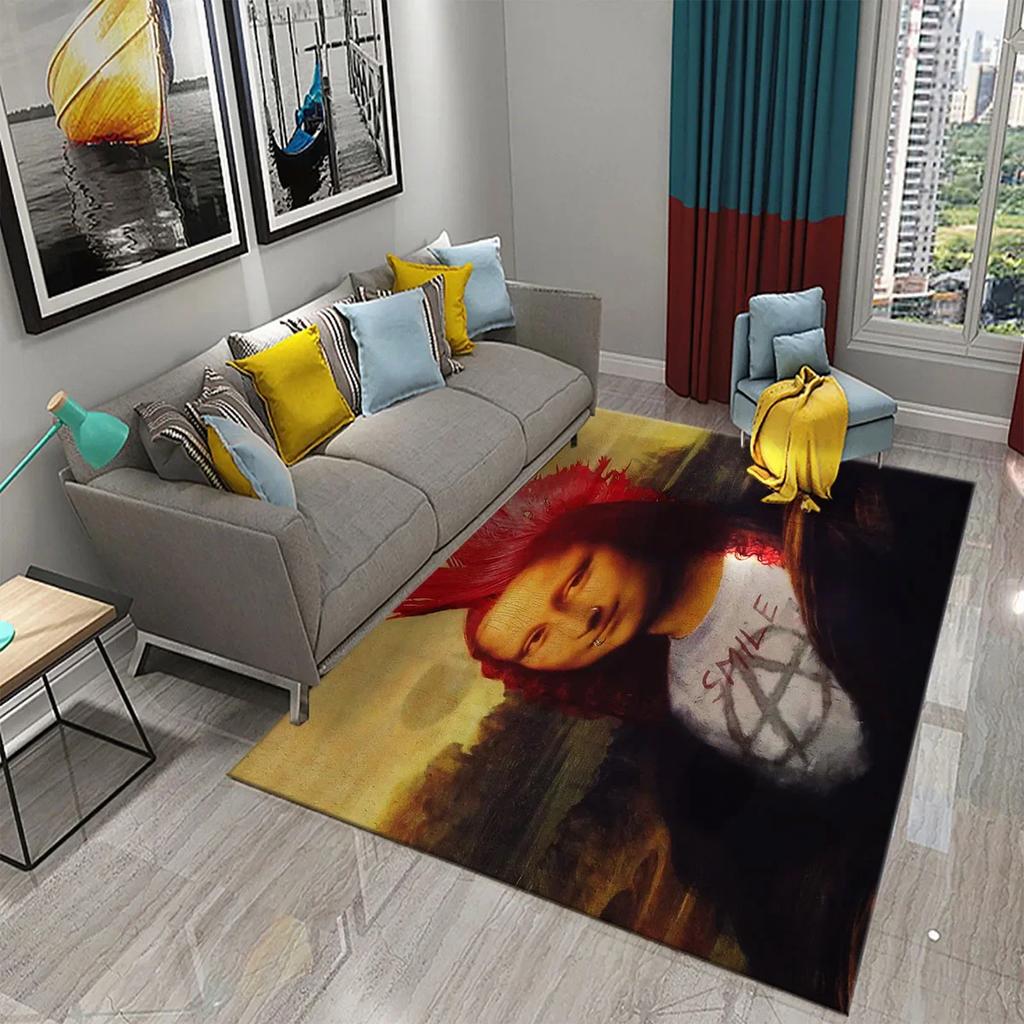 Funny Mona Lisa Oil Painting Carpet Home Decor Painting Mat for Living Room Bedroom Kitchen Bathroom Non-slip Floor Area Mats
