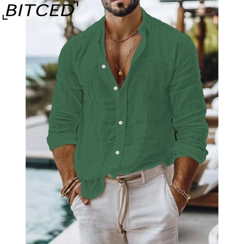 BITCED Herren Uni-Farbe Baumwoll-Leinen-Mischung Hemd Lässiger Stil Langarm Business Casual Hemd