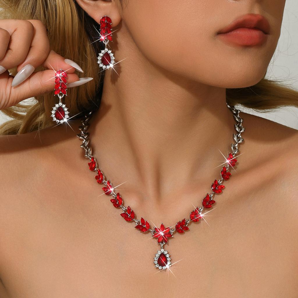 European and American Versatile Bridal Earrings, Necklace, Two Piece Set, Full Diamond Water Drop Alloy Accessories