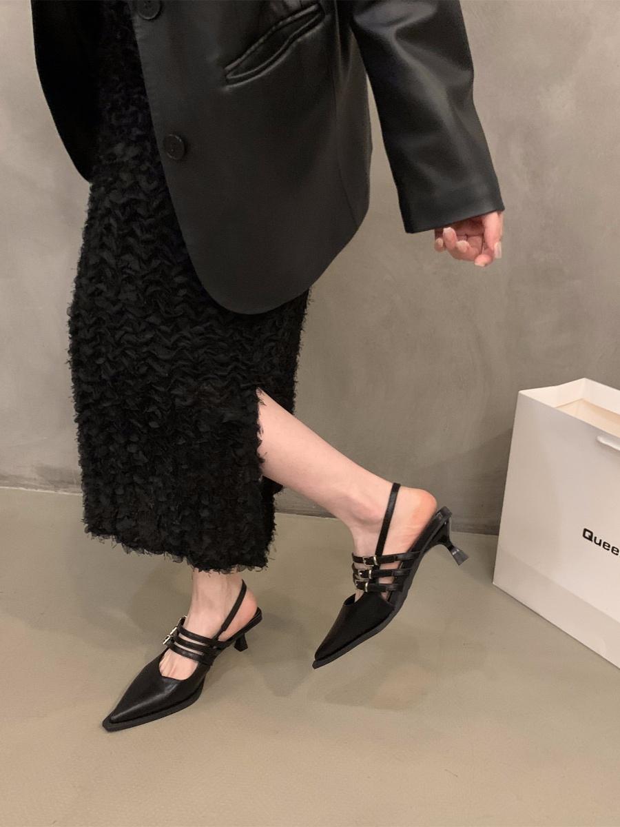 

Модные НОВЫЕ летние туфли с заостренным ремнем и пряжкой на тонком каблуке, женские сандалии Baotou Silver Back Empty на высоком каблуке 35 чёрный