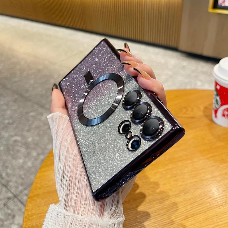 

Роскошный блестящий чехол с беспроводной зарядкой для Samsung Galaxy S24 S23 S22 S21 Ultra Plus, магнитный чехол MagSafe Allround, чехол для камеры, чехол For Galaxy S21 Plus фиолетовый