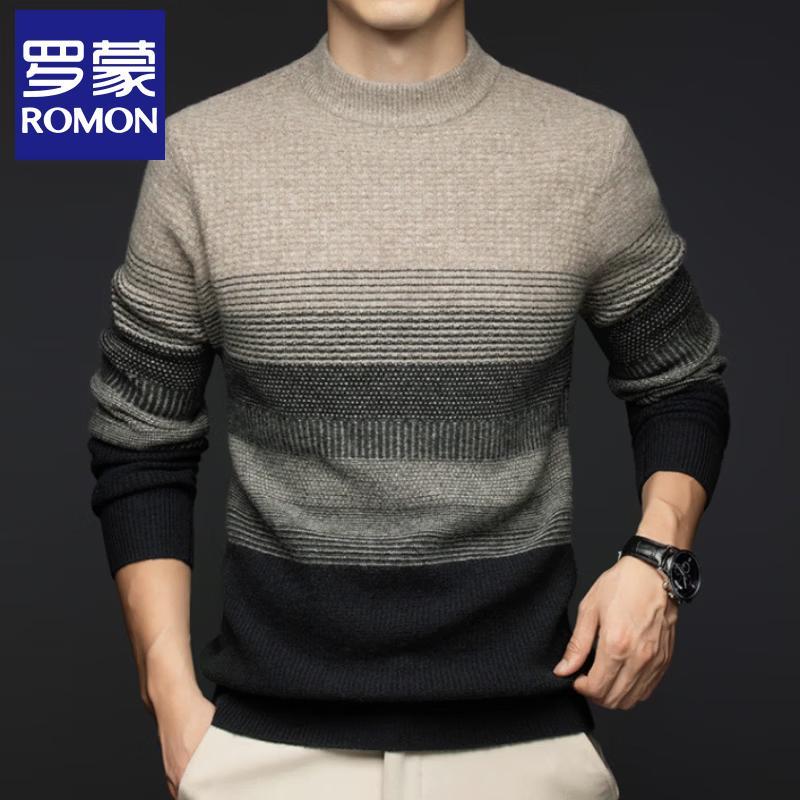 Romon Men s 100% Lambswool Striped Color Block Pullover Sweater M