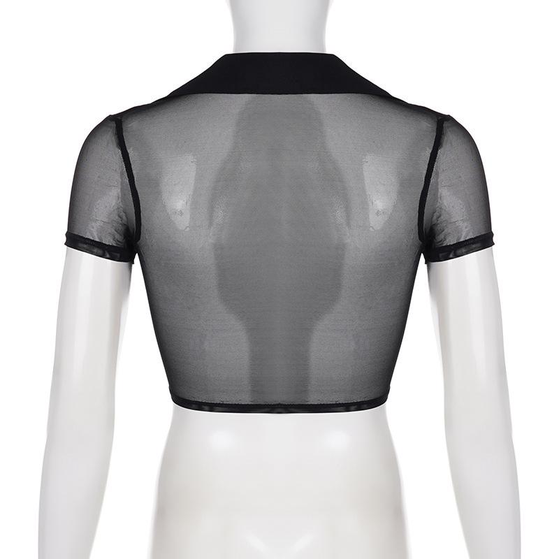 European Style Sexy Mesh V-Neck Short-Sleeve T-Shirt - Women's Summer Twisted Thin Solid Color Cover-Up Top