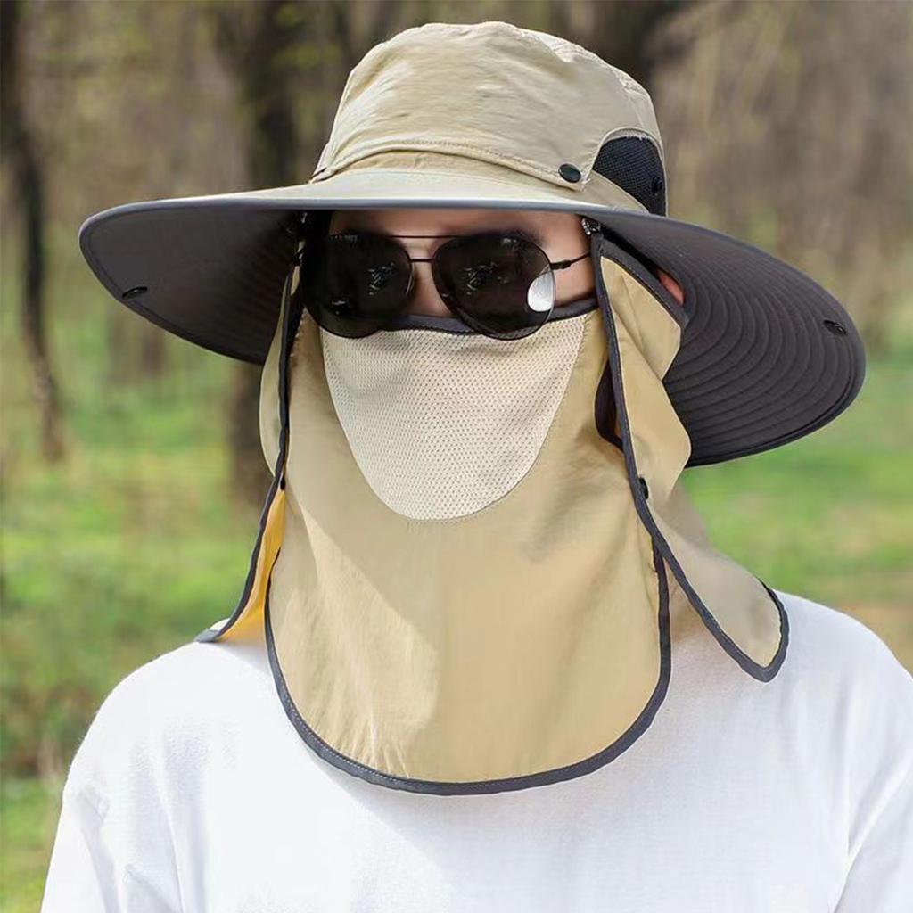 Men's Outdoor Sun Protection Hat Removable Face Cover Breathable Fishing Bucket Hat Wide Brim Labor Sunshade Cap for Hiking Camping