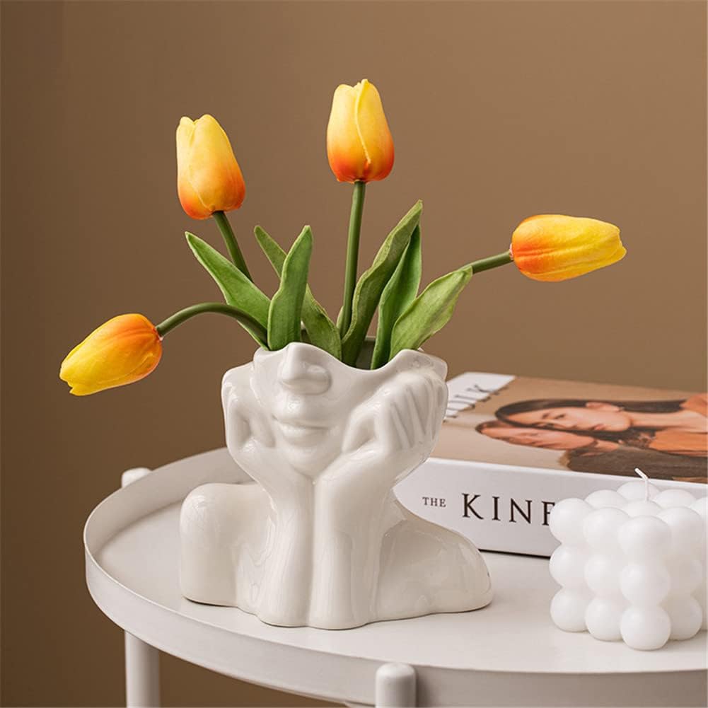 White Ceramic Face Vase, Female Form Head Half Body Bust Vases Boho Feminist Minimalism Decorative Modern Nordic Style Flower Vase for Home Living