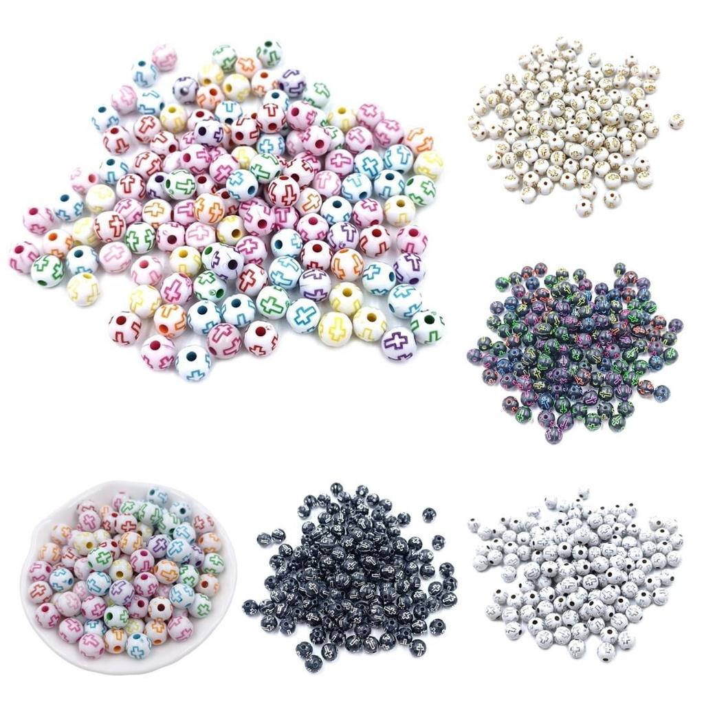 8mm Acrylic 30Pcs Cross Loose Beads Necklace Round Fashion White DIY Jewelry Accessories Mixed Color for Bracelet Earring Making