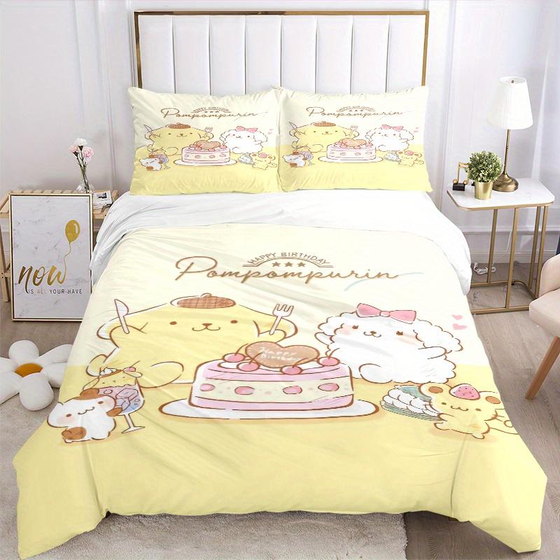 3pcs Happy Birthday Pom Pom Purin Quilt Cover Set (1 Quilt Cover + 2 Pillowcases Without Pillow Core), High-Definition Printing for Home and Dorm