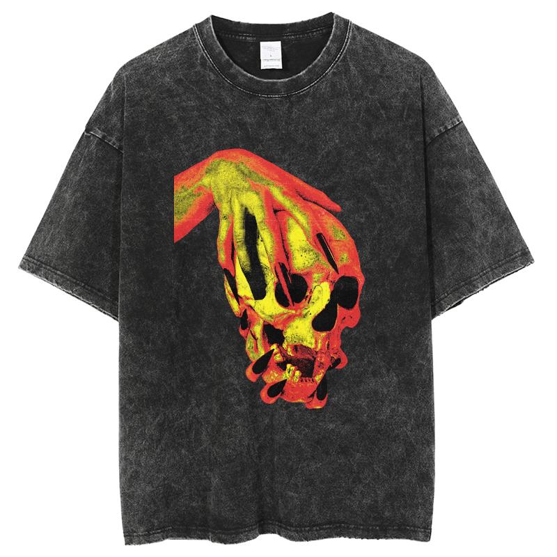 Street Style Skull Print Washed Denim Women's T-Shirt New Loose Crew Neck Short Sleeve Student Party Vintage Top