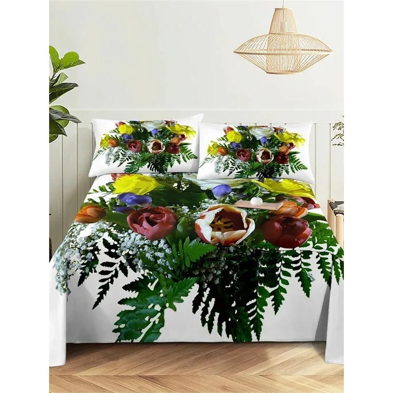 Green Plants Queen Sheet Set Girl, Lady's Room Leaf Bedding Set Bed Sheets And Pillowcases Bedding Flat Sheet Bed Sheet Set