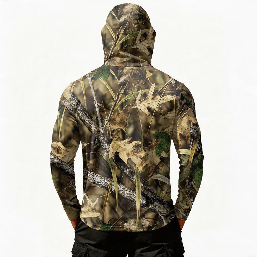 Men's Casual Hoodie Long Sleeve Lightweight Breathable Sun Protection Leaf Camouflage Printed Pullover Shirt with Hood and Chest Pocket