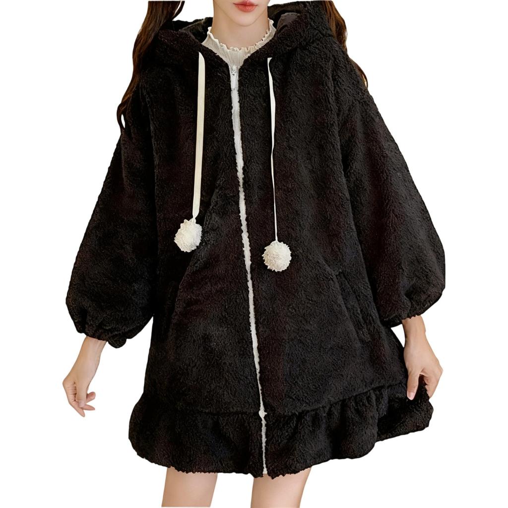 Women's Winter Fashion Casual Hooded Long-sleeve Ruffled Lamb Wool Coat