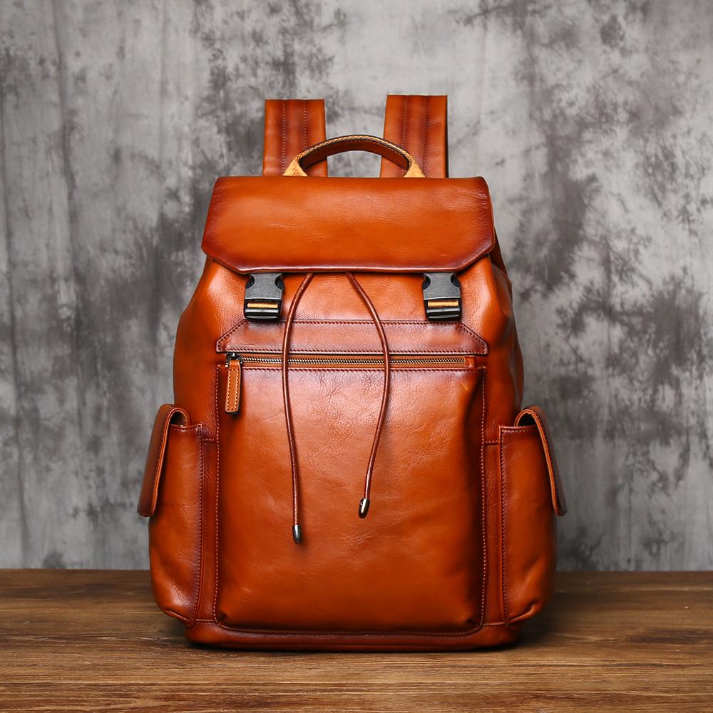 NZPJ Men's Genuine Leather Backpack Top-Grain Cowhide Flap Large Capacity Outdoor Travel Retro Casual Laptop Bag