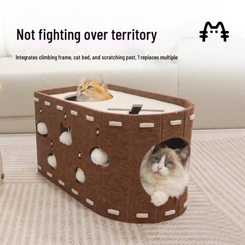 Felt Cat Bed & Scratcher with Integrated Kitten Toy, Double-Layer Design