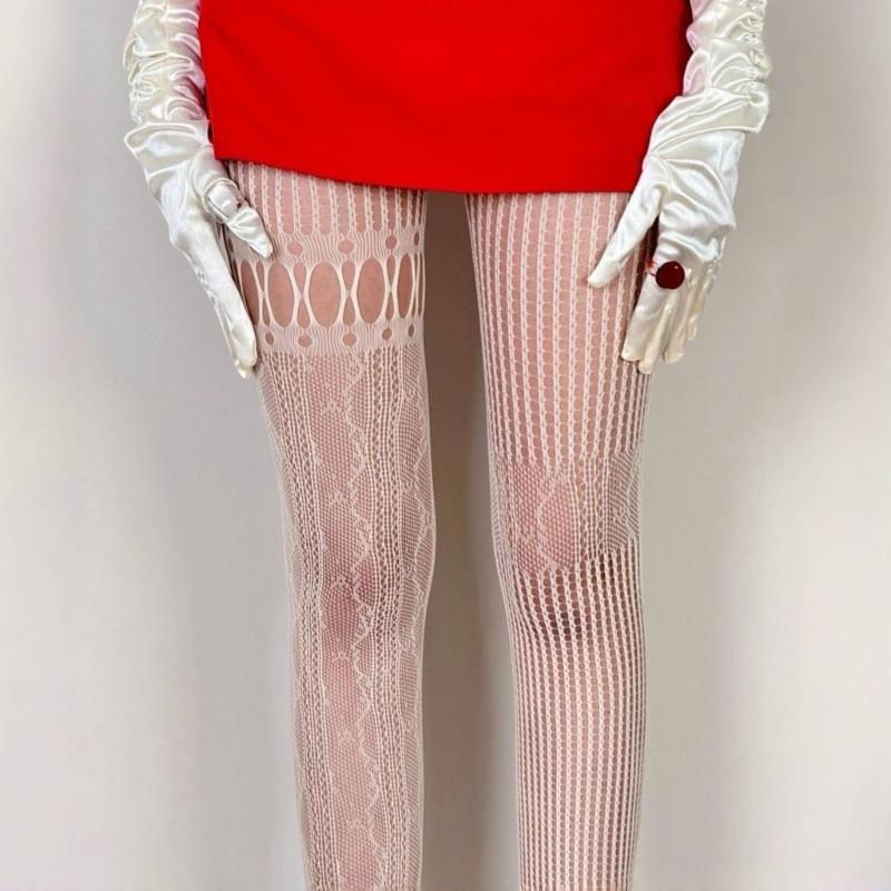 Women's Aesthetic Irregular Fishnet Tights Hollowed Mesh Stockings Heart Striped Patterned Lace Sheer Pantyhose Lingerie